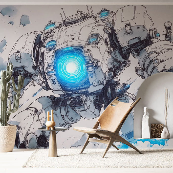 Une pièce moderne avec un papier peint illustrant un robot futuriste aux détails graphiques et aux touches de bleu, créant une ambiance dynamique et originale.