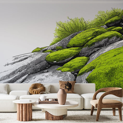 Un salon moderne avec un papier peint illustrant des rochers recouverts de mousse verte, créant une atmosphère naturelle et apaisante.