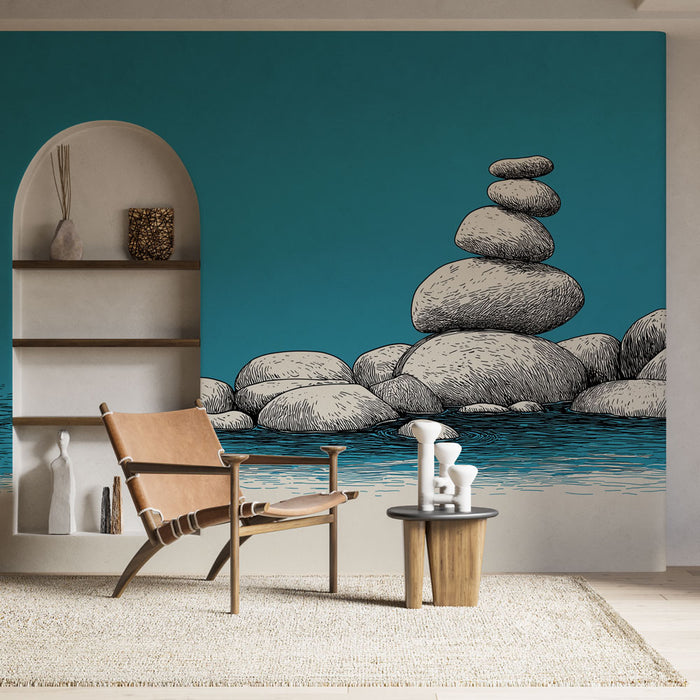 Une pièce moderne avec un papier peint représentant des pierres empilées sur fond turquoise, évoquant une atmosphère sereine et apaisante.