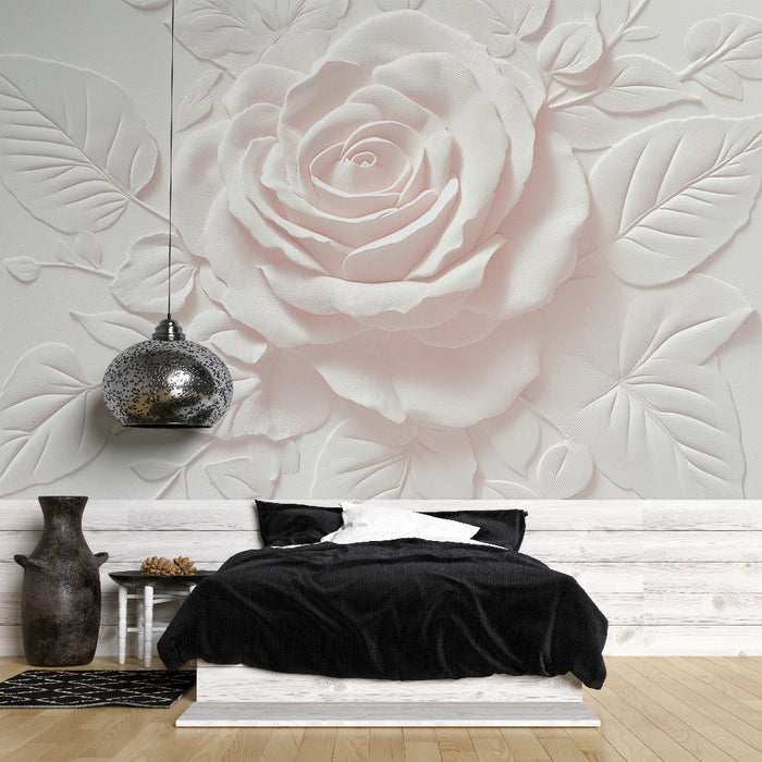 Papier peint rose blanc | Élégante fleur en relief et feuillage subtil