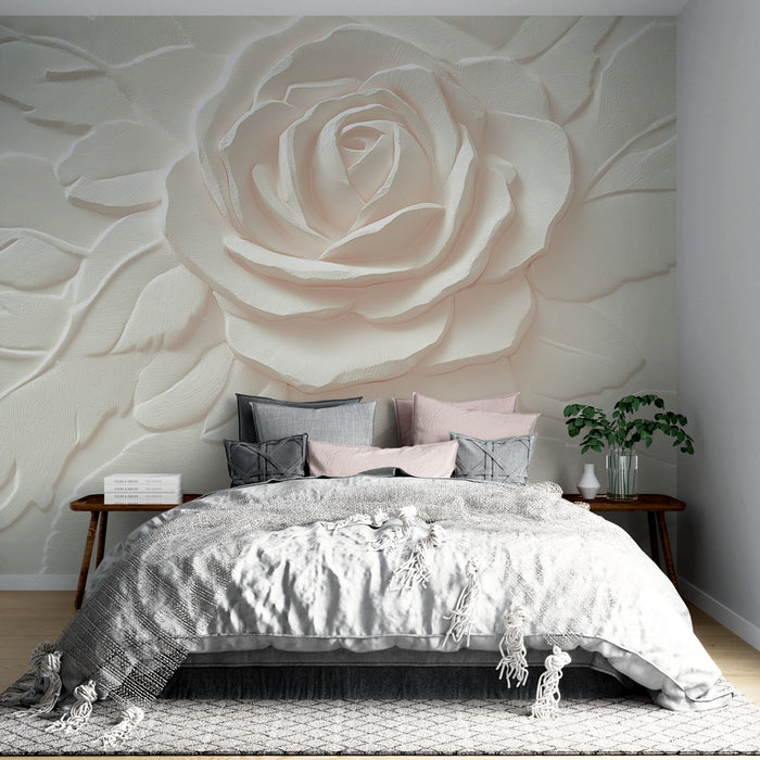 Papier peint rose en relief | Élégante fleur blanche sur fond doux