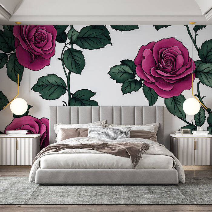 Papier peint rose | Roses vibrantes sur fond blanc