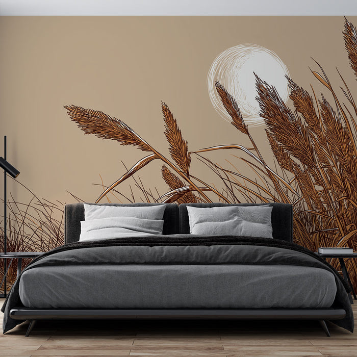 Une chambre moderne avec un papier peint représentant des herbes dorées sur fond beige, créant une ambiance chaleureuse et apaisante.