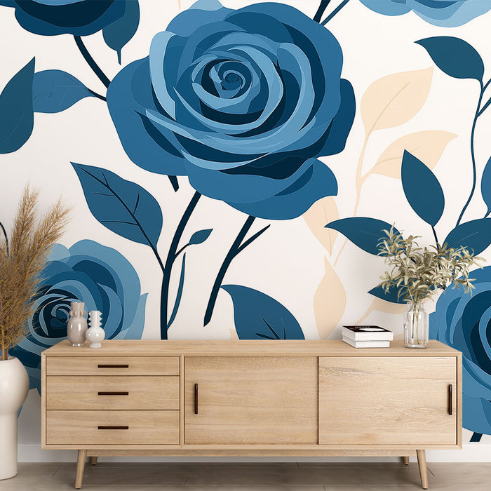 Papier peint roses bleues | Fleurs stylisées sur fond clair