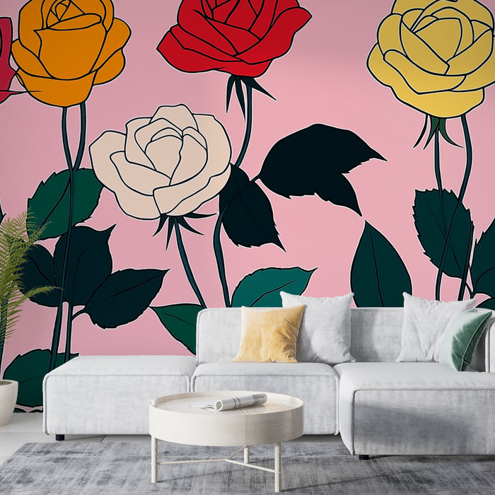 Papier peint roses colorées | Éclats de couleurs sur fond rose