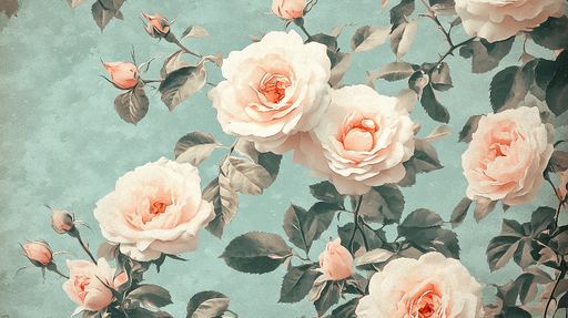 Papier peint roses délicates Fleurs blush sur fond aquamarine