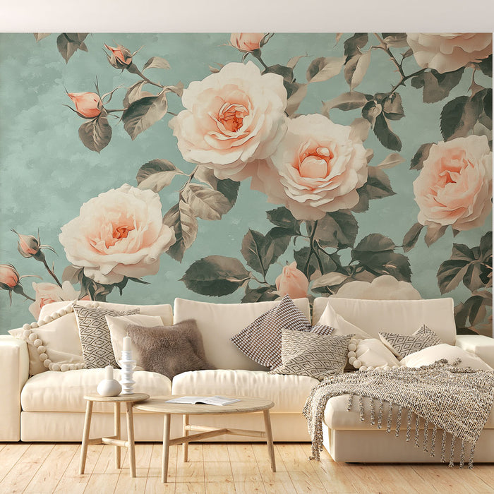 Papier peint roses délicates | Fleurs blush sur fond aquamarine