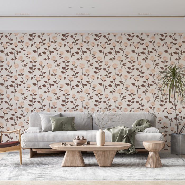Un salon moderne avec un papier peint floral aux roses délicates sur fond clair, créant une ambiance douce et accueillante.