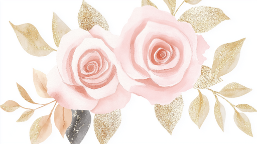 Papier peint roses élégantes Douces fleurs roses et feuilles dorées