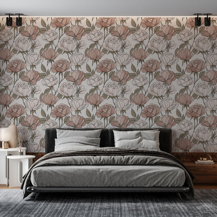 Une chambre moderne avec un papier peint floral aux teintes douces de rose et beige, créant une atmosphère romantique et apaisante.