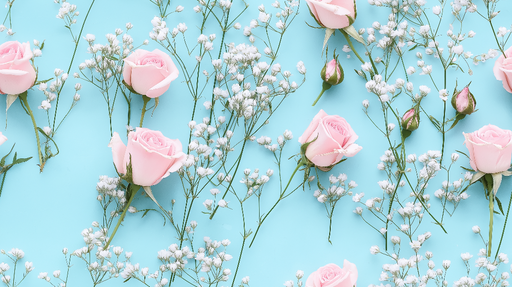 Papier peint roses Élégantes roses rose accompagnées de gypsophile sur fond bleu