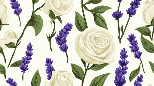 Papier peint roses et lavande Roses blanches et des branches de lavande violette