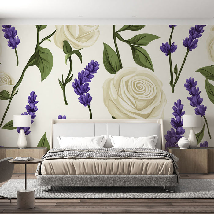 Une chambre moderne avec un papier peint floral représentant de grandes roses blanches et des lavandes violettes sur fond clair, créant une ambiance douce et apaisante.
