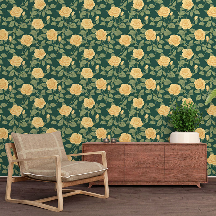 Un salon élégant avec un papier peint floral représentant des roses jaunes sur fond vert foncé, créant une atmosphère chaleureuse et accueillante.