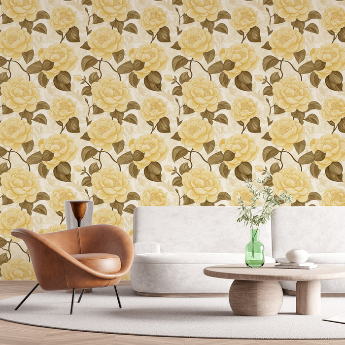 Une pièce élégante avec un papier peint floral aux grandes fleurs jaunes sur fond beige, créant une atmosphère chaleureuse et accueillante.