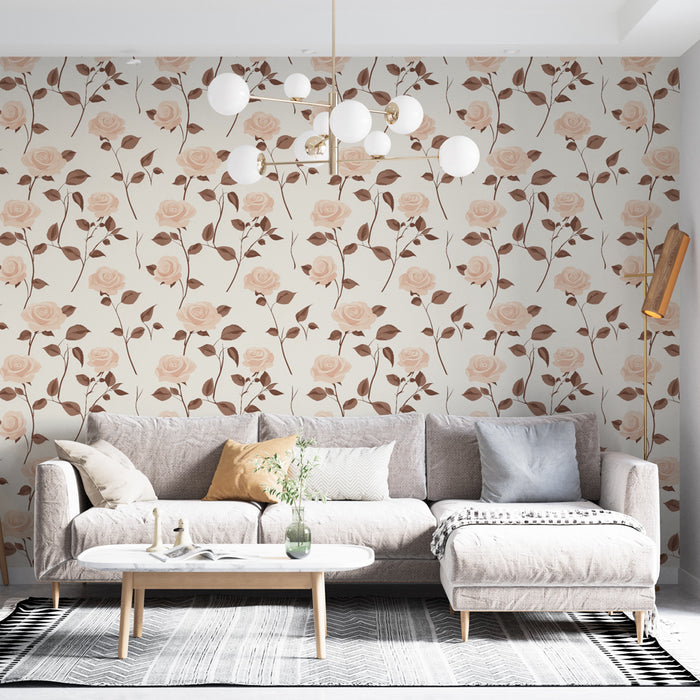 Un salon lumineux avec un papier peint floral aux roses délicates dans des teintes pastel, créant une atmosphère douce et romantique.
