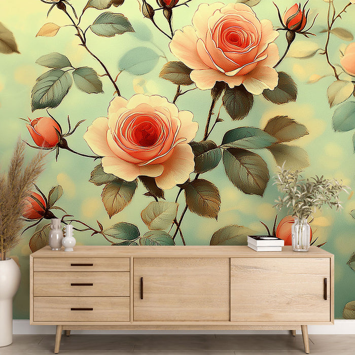 Papier peint roses | Motif floral délicat sur fond pastel