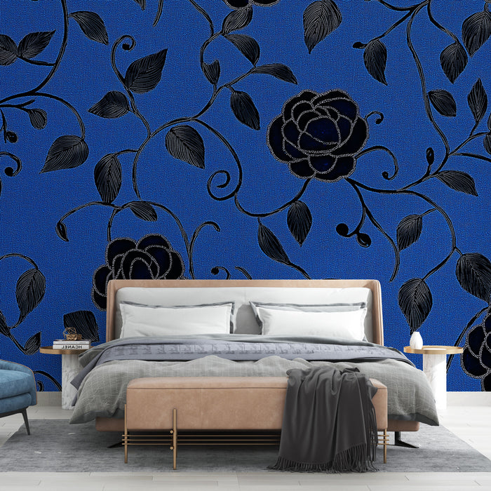 Papier peint roses noires | Motif floral élégant sur fond bleu