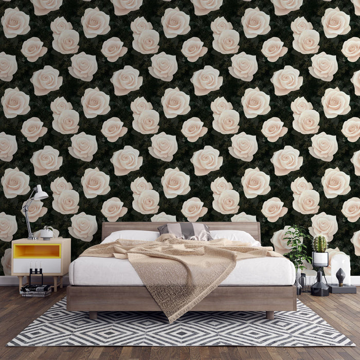 Une chambre moderne avec un papier peint floral représentant de grandes roses blanches sur fond noir, créant une ambiance élégante et romantique.