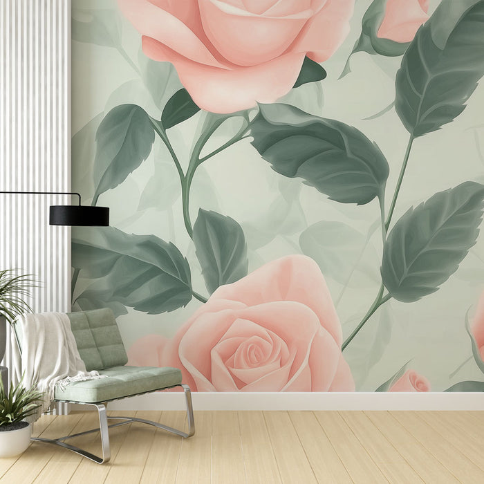 Une chambre moderne avec un papier peint floral représentant de grandes roses roses sur fond clair, créant une atmosphère douce et romantique.
