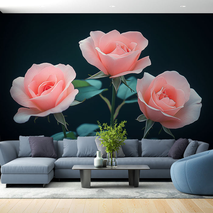 Papier peint roses pastel | Trois belles roses sur fond sombre