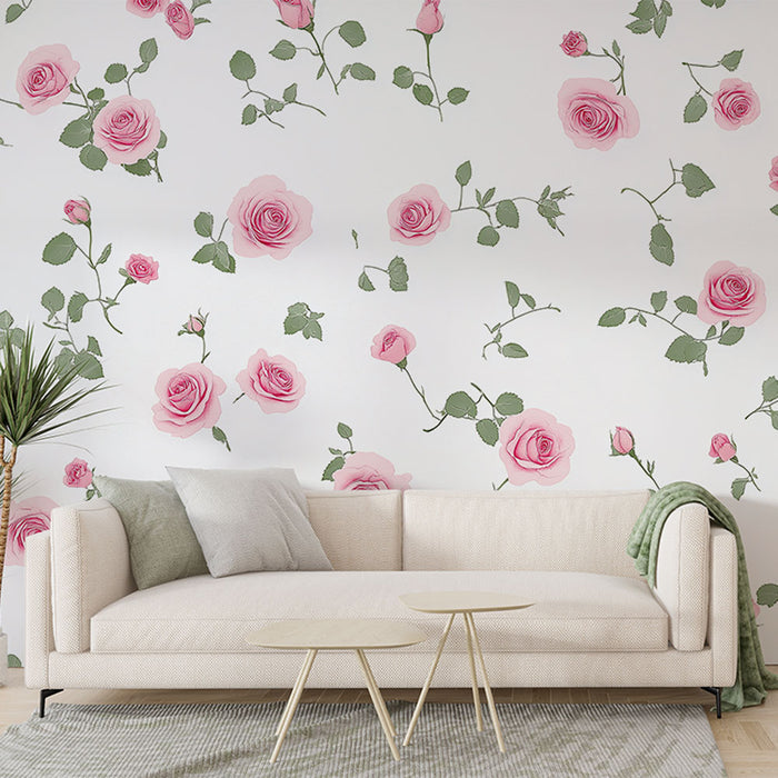 Papier peint roses pink | Douces roses sur fond blanc