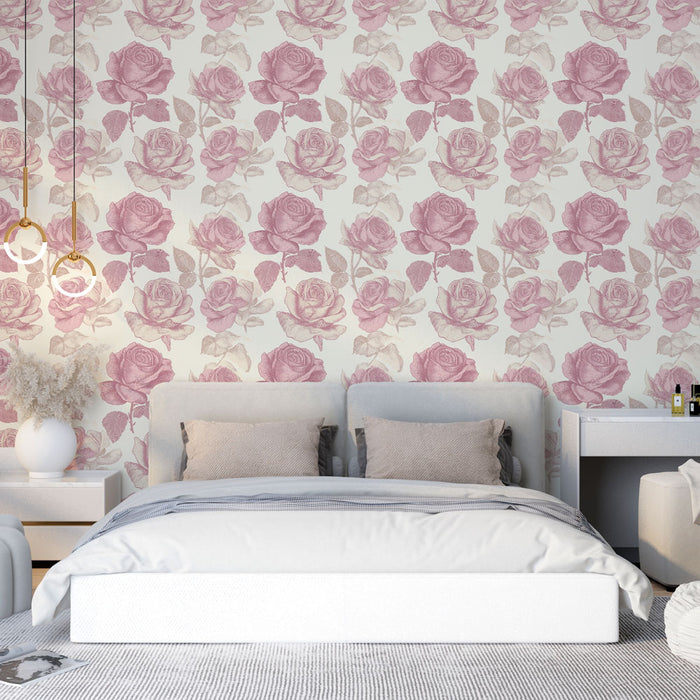 Une chambre élégante avec un papier peint floral aux roses roses et beige, créant une atmosphère romantique et apaisante.
