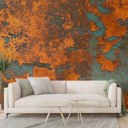 Papier peint rouille design avec texture aux nuances d'orange et bleu-vert pour salon moderne