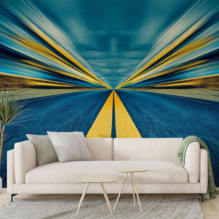 Un salon moderne avec un papier peint dynamique représentant une route stylisée en bleu et jaune, créant une ambiance énergique et inspirante.