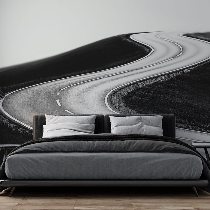 Une chambre moderne avec un papier peint monochrome représentant une route sinueuse sur fond sombre, créant une atmosphère dynamique et contemplative.