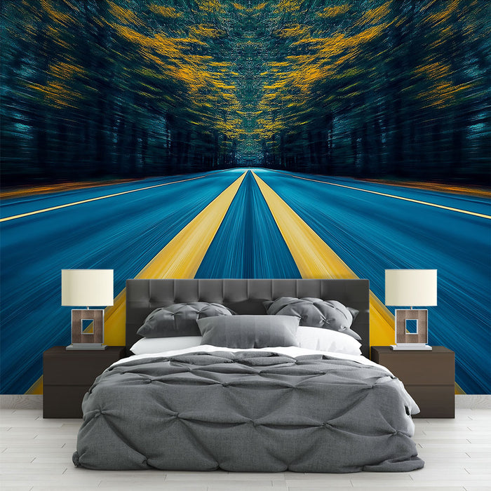 Une chambre moderne avec un papier peint représentant une route dynamique aux teintes bleu et jaune, créant une atmosphère énergique et inspirante.
