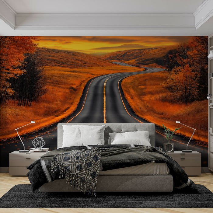 Papier peint route sinueuse | Paysage automnal vibrant avec nuances orange