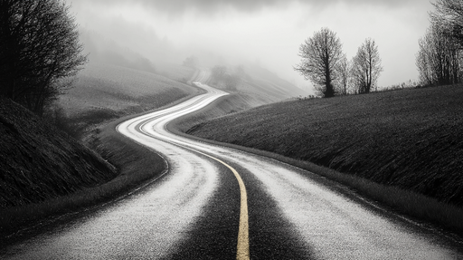 Papier peint route sinueuse Paysage brumeux en noir et blanc