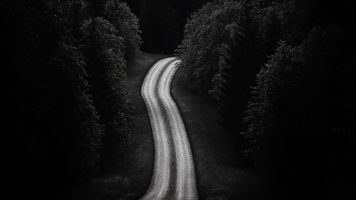 Papier peint route sinueuse Une route mystérieuse bordée d'arbres sombres