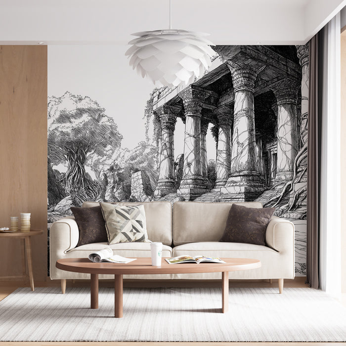Un salon moderne avec un papier peint illustrant des ruines antiques en noir et blanc, créant une atmosphère artistique et intemporelle.