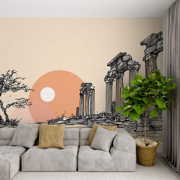 Une pièce moderne avec un papier peint illustratif représentant des ruines antiques en noir sur fond beige, évoquant une ambiance artistique et contemplative.