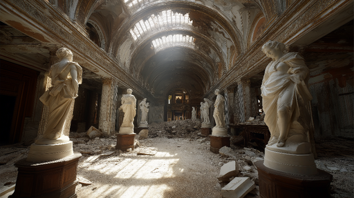 Papier peint ruines artistiques Intérieur d'un bâtiment ancien avec des statues et des débris