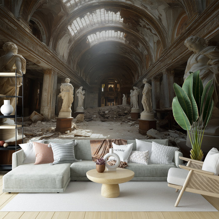 Une pièce de salon avec un papier peint représentant une galerie abandonnée, mêlant statues classiques et débris, créant une atmosphère mystérieuse et nostalgique.