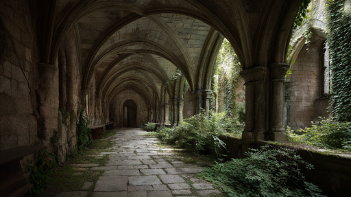 Papier peint ruines élégantes Une voie de jardin abandonné entre des arches majestueuses