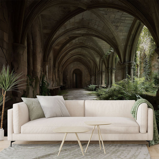 Une pièce de vie contemporaine avec un papier peint représentant un couloir médiéval, mêlant pierres anciennes et végétation luxuriante, créant une atmosphère mystique et apaisante.
