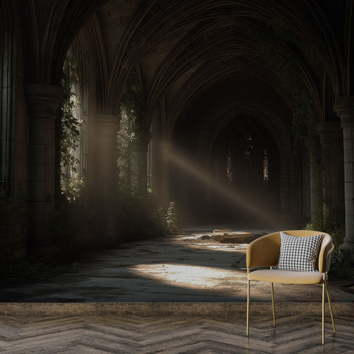 Une pièce au style gothique avec un papier peint représentant un couloir ancien baigné de lumière, où la végétation s'entrelace avec les pierres, créant une ambiance mystique et apaisante.