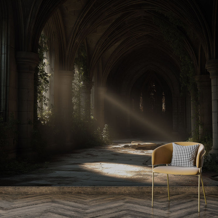 Une pièce au style gothique avec un papier peint représentant un couloir ancien baigné de lumière, où la végétation s'entrelace avec les pierres, créant une ambiance mystique et apaisante.