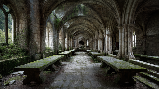 Papier peint ruines médiévales Ambiance de cloître abandonné avec végétation luxuriante