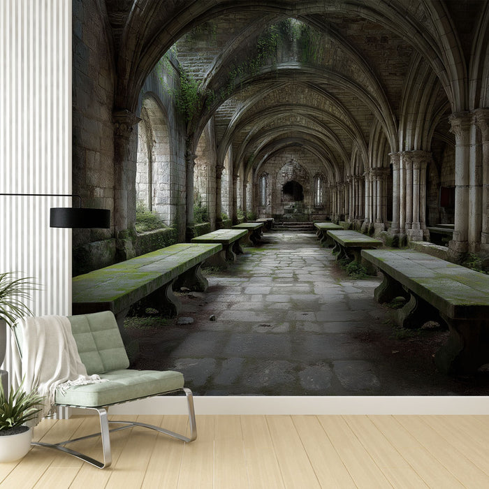 Une salle à manger avec un papier peint représentant une abbaye ancienne, où les voûtes en pierre et la verdure créent une atmosphère mystique et apaisante.