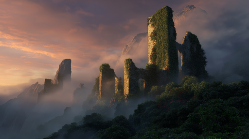 Papier peint ruines mystérieuses Vestiges anciens dans un paysage brumeux