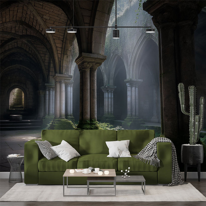 Un salon moderne avec un papier peint représentant des arches anciennes et mystérieuses, créant une atmosphère à la fois romantique et apaisante.