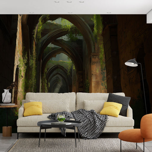 Une pièce moderne avec un papier peint représentant un couloir ancien envahi par la végétation, créant une ambiance mystérieuse et apaisante.