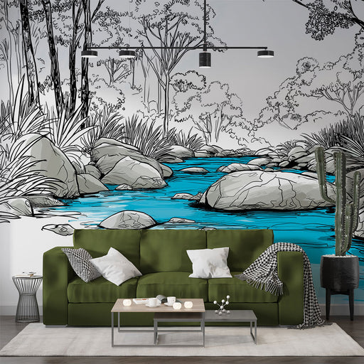 Un salon moderne avec un papier peint illustratif représentant un ruisseau turquoise entouré de rochers et de végétation, créant une atmosphère apaisante et naturelle.
