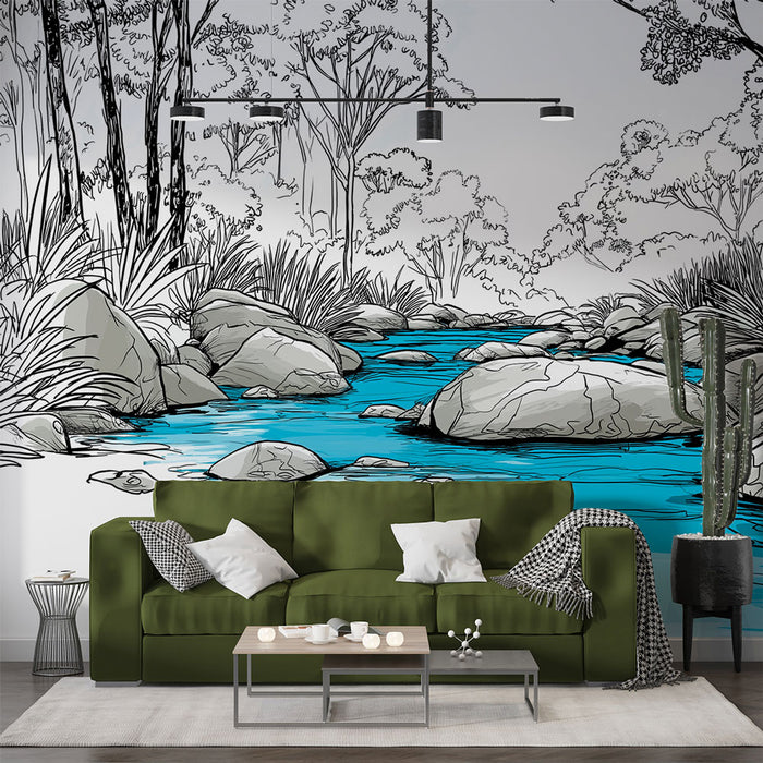 Un salon moderne avec un papier peint illustratif représentant un ruisseau turquoise entouré de rochers et de végétation, créant une atmosphère apaisante et naturelle.