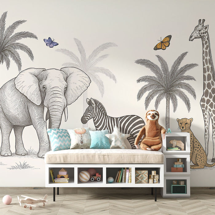 Une chambre d'enfant avec un papier peint illustré d'animaux sauvages, tels qu'un éléphant, une girafe et un zèbre, créant une ambiance ludique et imaginative.